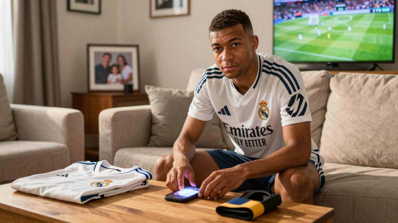 Jogador do Real Madrid sentado no sofá com controle e camisa do time sobre a mesa de madeira.