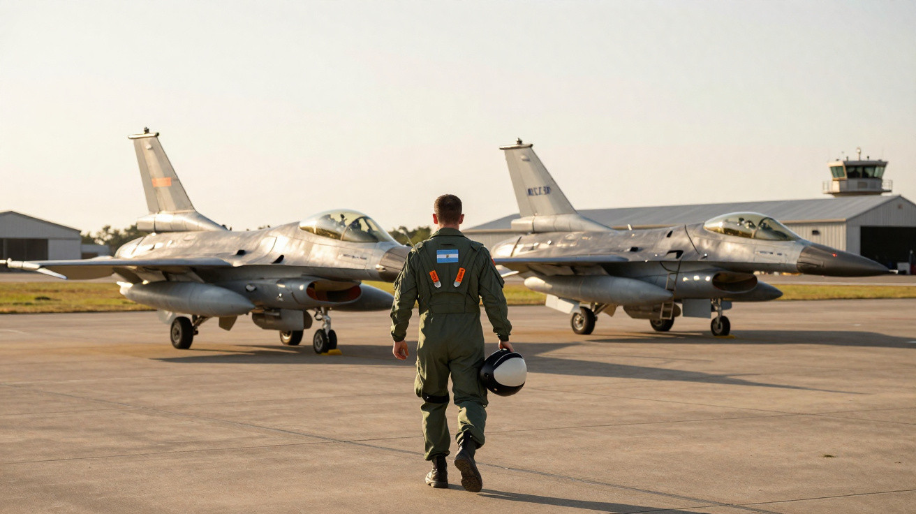Piloto militar caminha em pista de aeródromo em direção a dois caças estacionados ao entardecer.