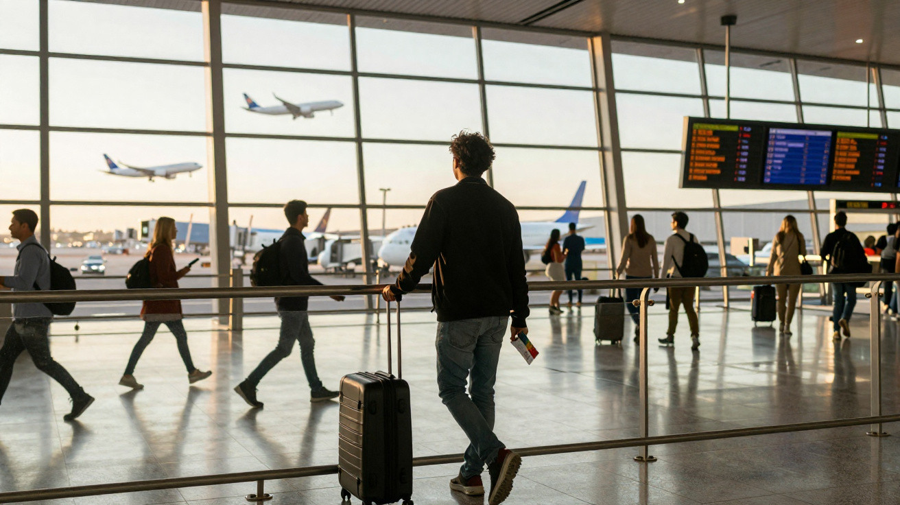 Pessoa com mala de rodinhas observa aviões decolando em aeroporto durante o dia.