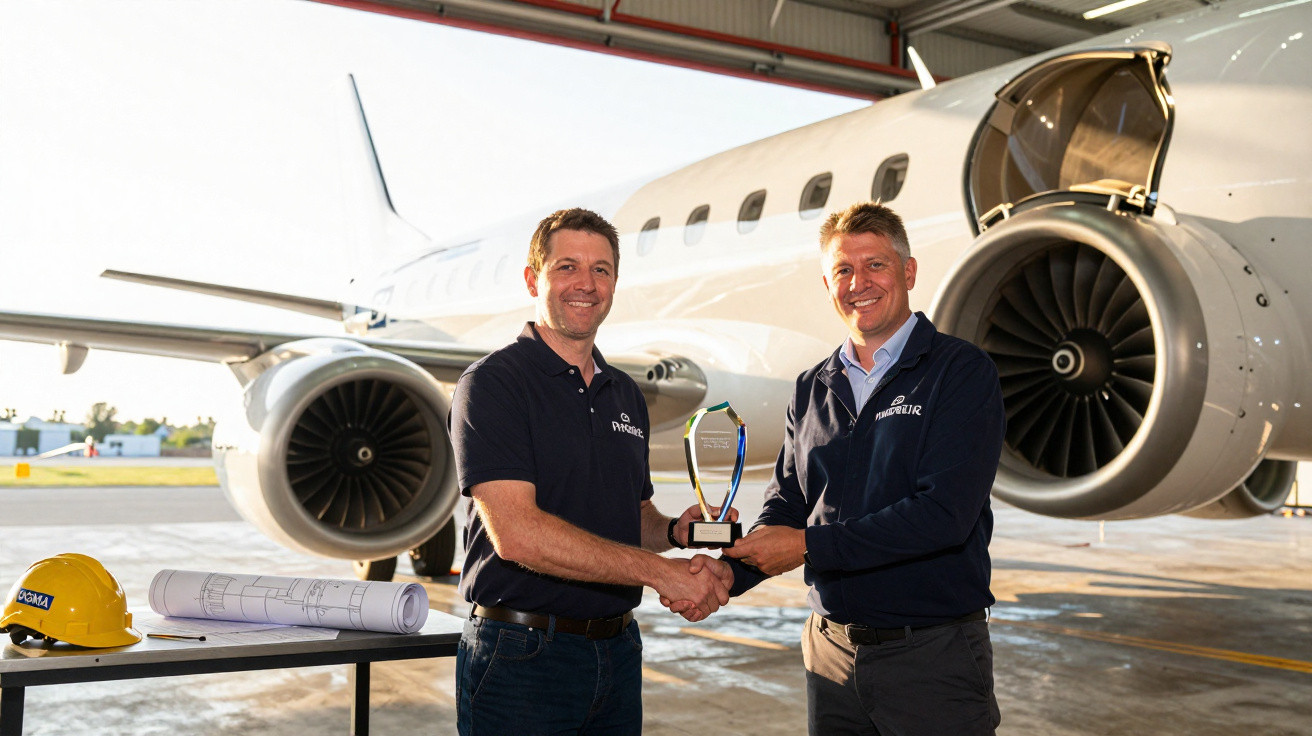 Dois homens apertam as mãos e seguram um troféu ao lado de um avião estacionado em hangar.