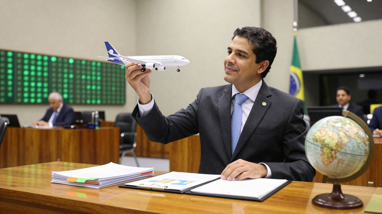 Homem de terno segurando miniatura de avião em sala com mesa, documentos, globo terrestre e bandeira do Brasil ao fundo.