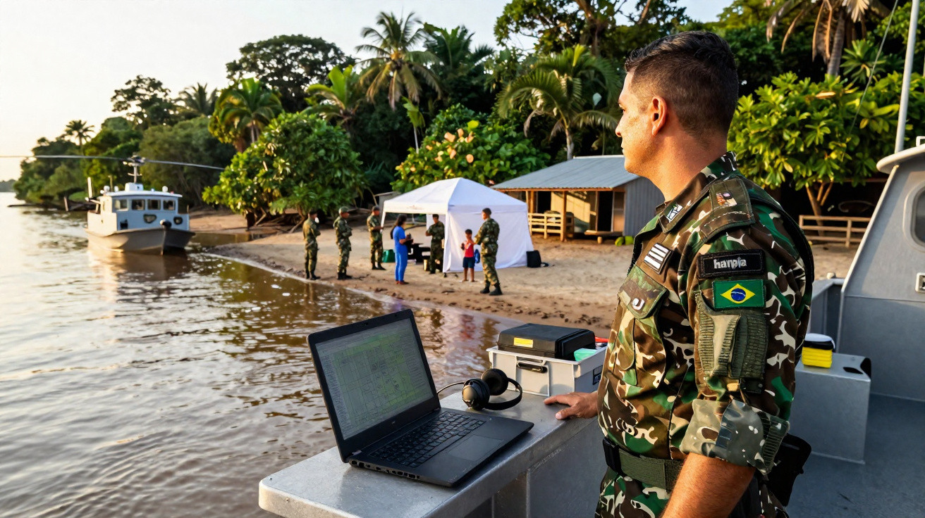 Soldado brasileiro em uniforme camuflado observa rio enquanto notebook e barco estão próximos em área de mata.