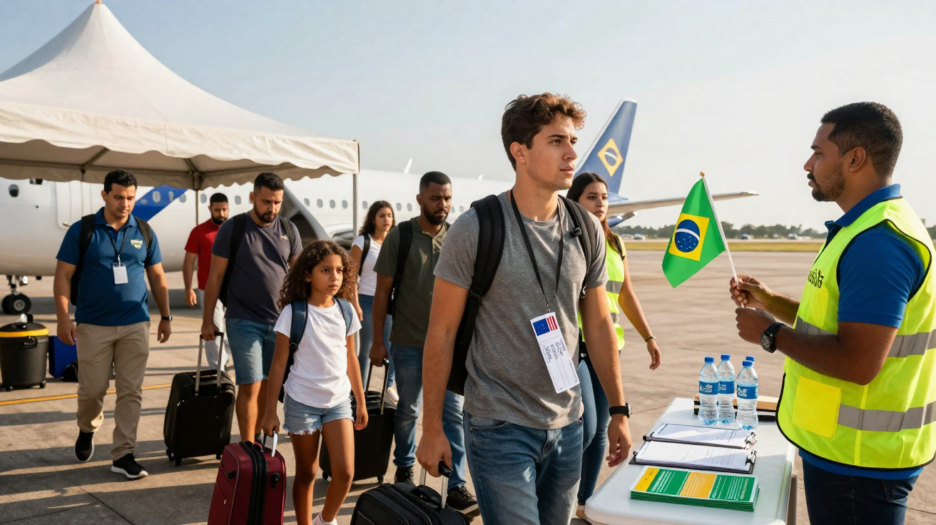 Grupo de passageiros desembarcando de avião, recebidos por funcionário com bandeira do Brasil no aeroporto.