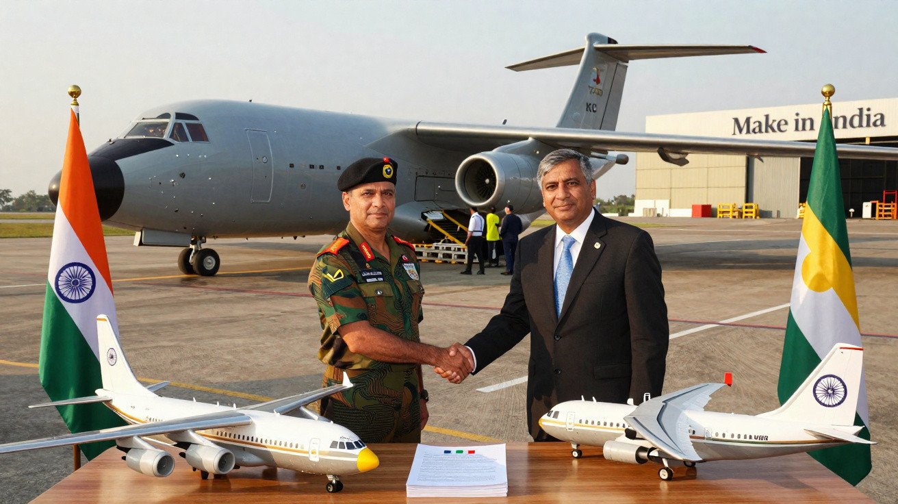 Dois homens apertando as mãos em frente a um avião militar com bandeiras da Índia e Sri Lanka ao fundo.