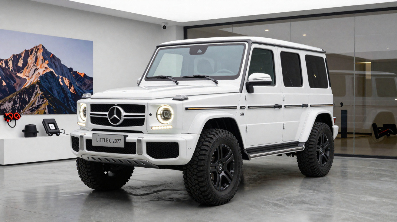 SUV Mercedes-Benz G-Class branco em ambiente interno moderno com piso de cimento polido.
