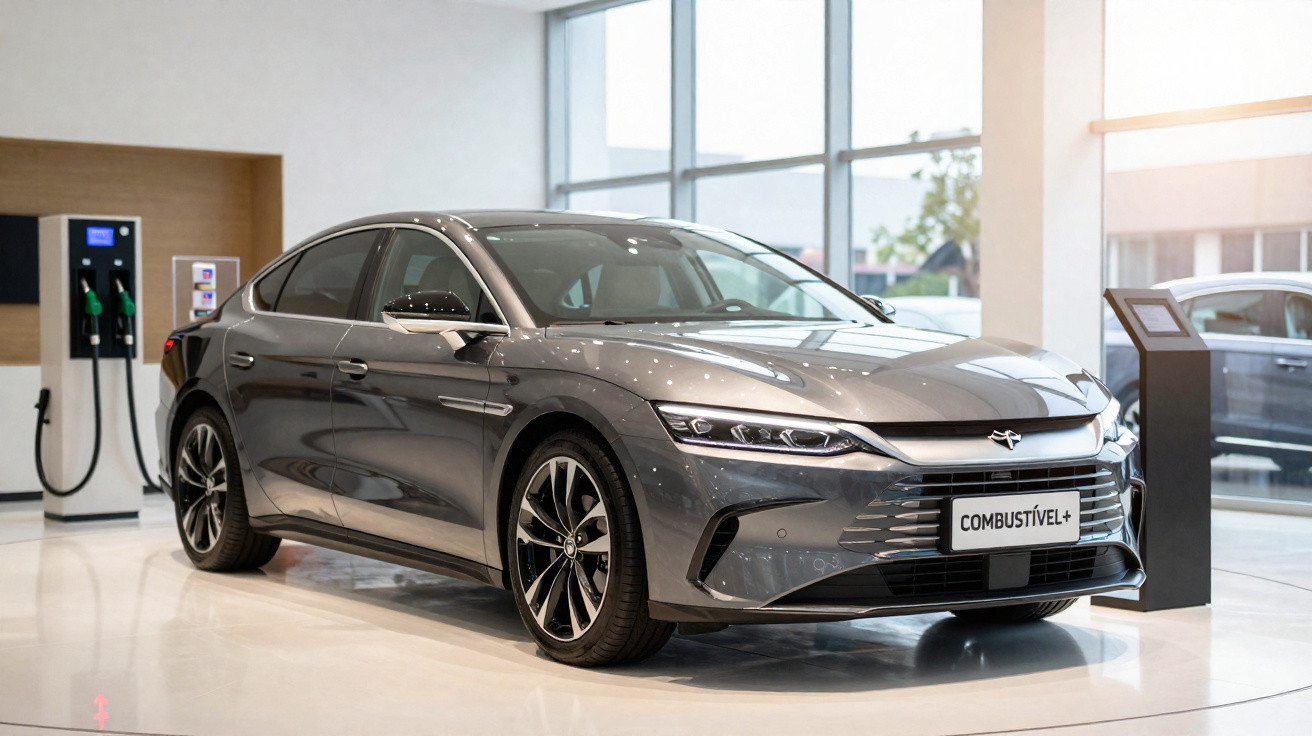 Carro elétrico cinza estacionado em showroom moderno com piso branco e janelas amplas.
