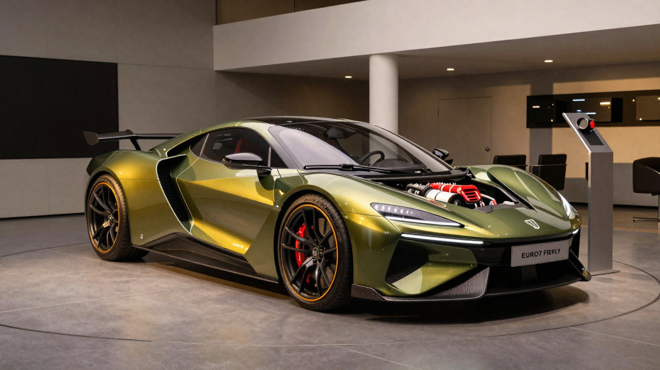 Carro esportivo verde metálico com motor exposto, rodas pretas e freios vermelhos em showroom moderno.