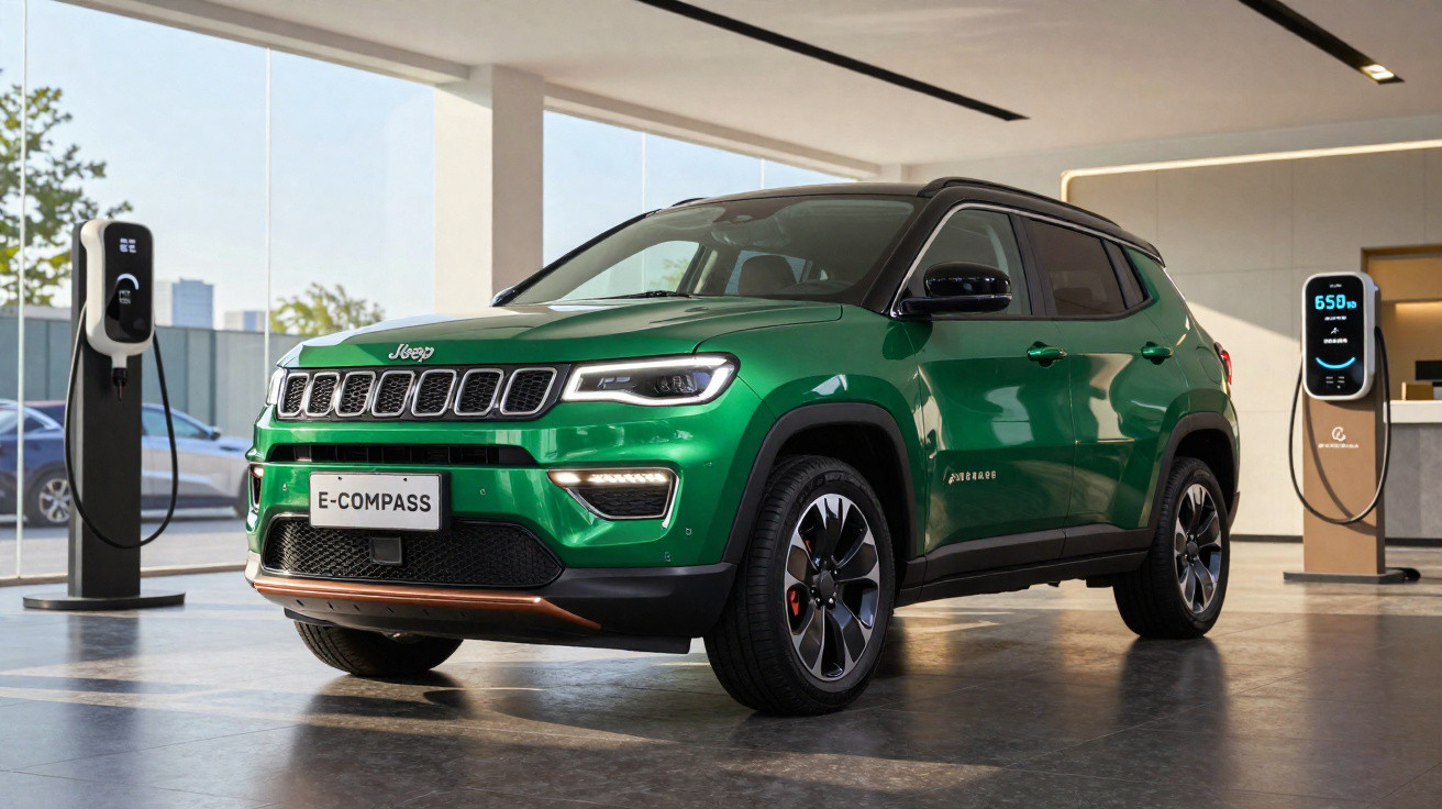 SUV elétrico Jeep E-Compass verde em showroom ao lado de dois carregadores de veículos elétricos.