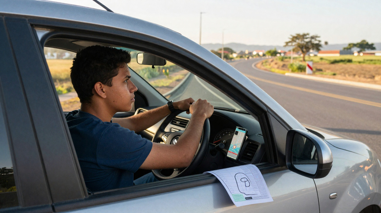 Homem jovem dirigindo carro com papel de prova preso na janela ao lado e celular com GPS no painel.