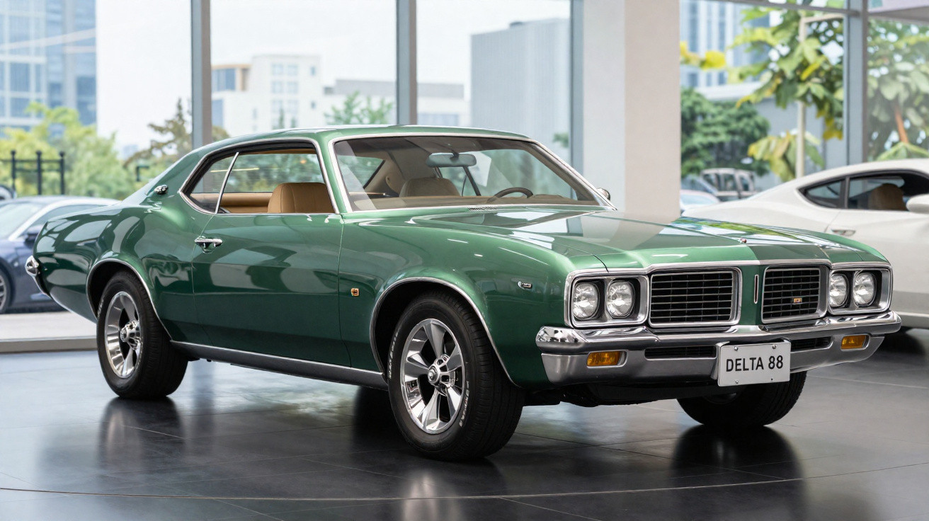Carro clássico verde modelo Delta 88 estacionado em ambiente interno com piso preto brilhante.