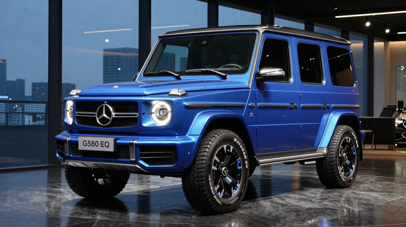 SUV Mercedes-Benz G580 EQ azul exibido em showroom moderno com iluminação interna e janelas grandes.