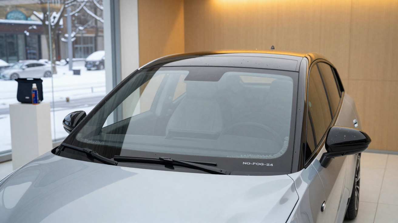 Carro cinza estacionado em ambiente interno com vidros laterais e para-brisa limpos.