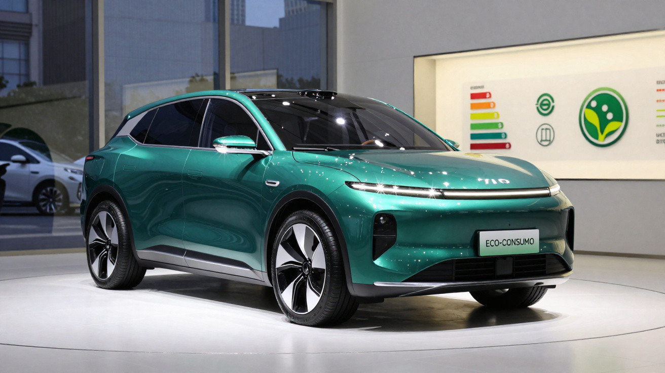 Carro elétrico verde metálico exibido em salão de automóveis, com destaque para design moderno e eficiência energética.