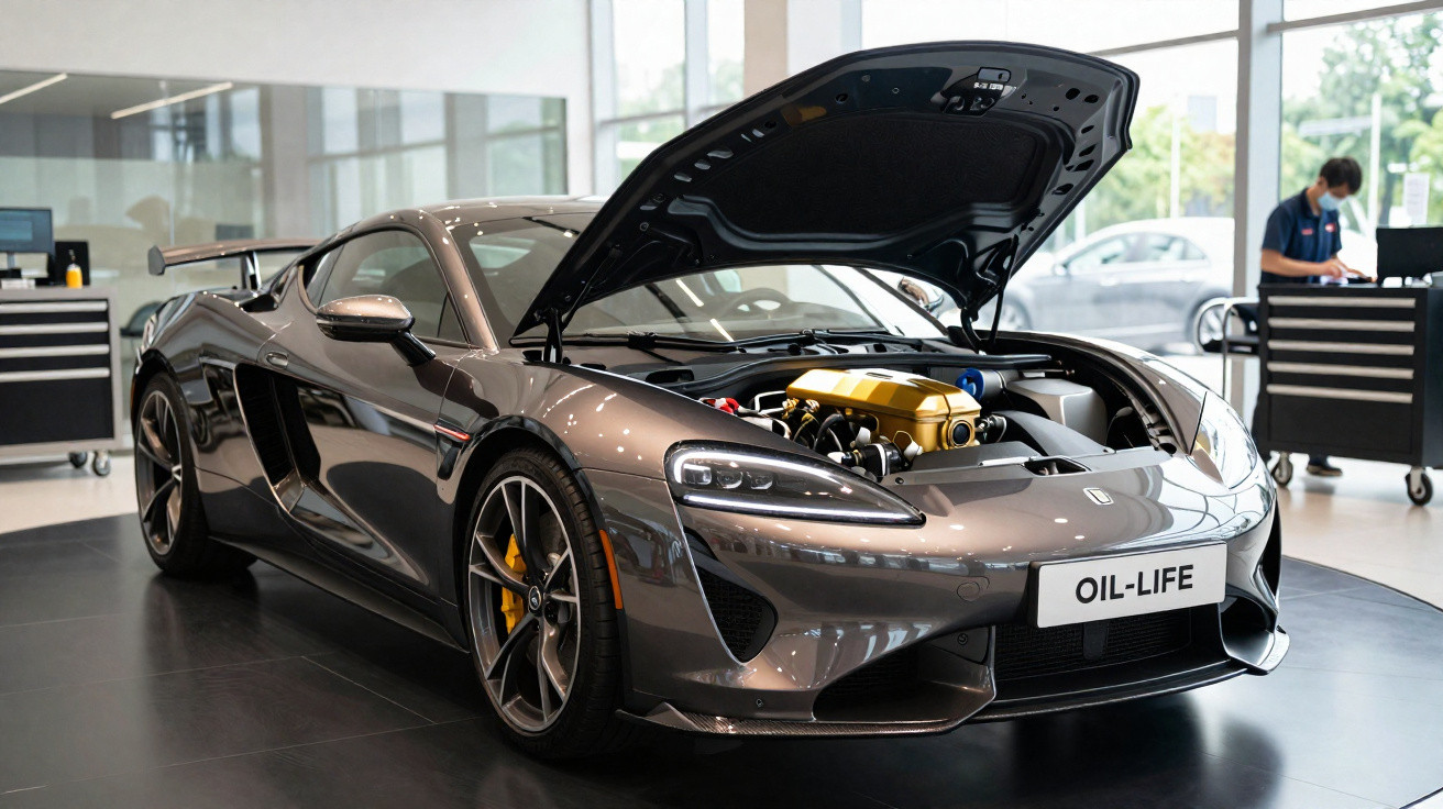 Carro esportivo cinza com capô aberto exibindo motor dourado em showroom moderno.