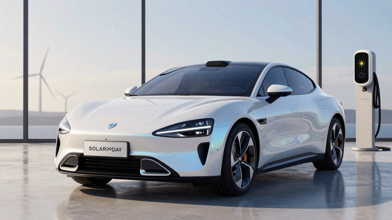 Carro elétrico branco com teto solar fotovoltaico estacionado ao lado de estação de recarga.