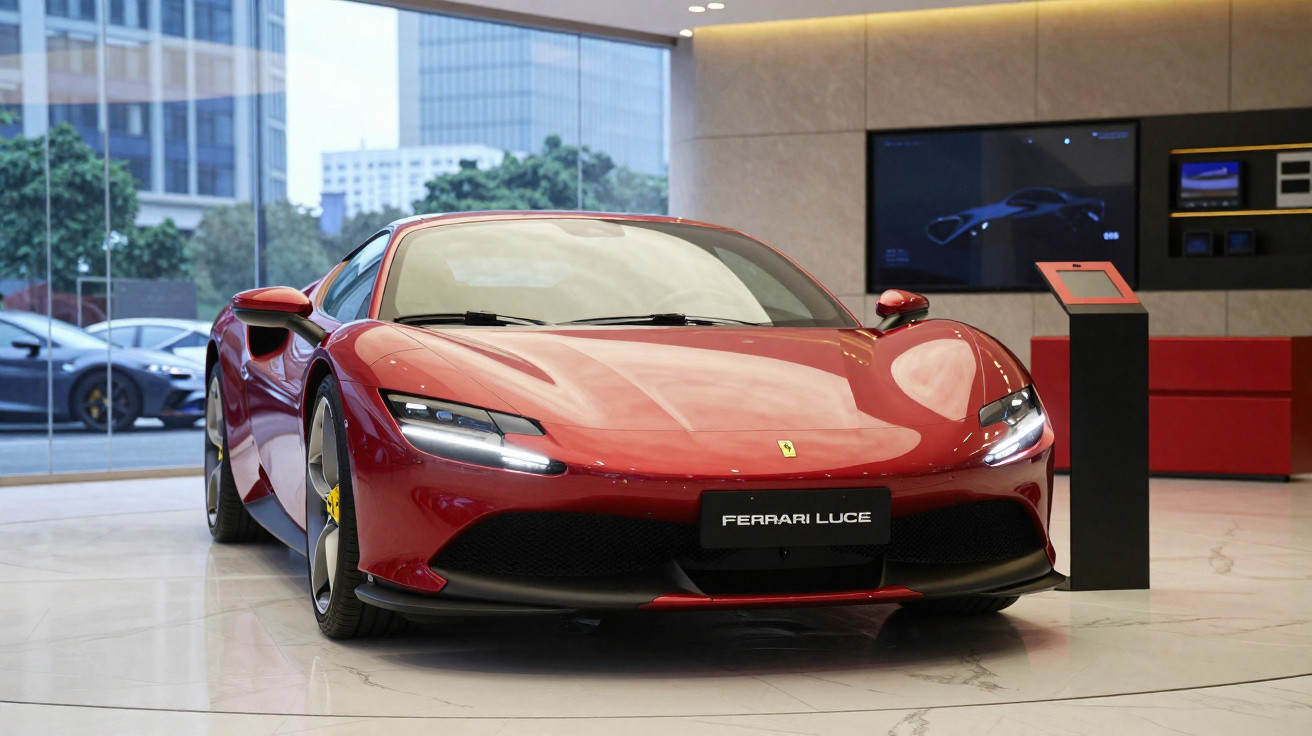 Carro esportivo Ferrari Luce vermelho exibido em showroom moderno com vidros grandes e piso branco.