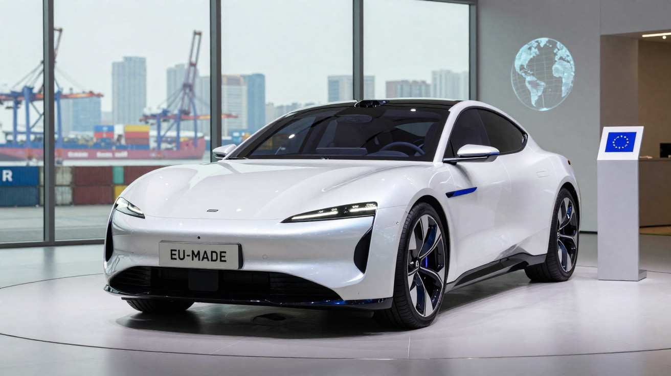 Carro elétrico branco futurista exibido em showroom com placa EU-MADE e painel digital ao fundo.