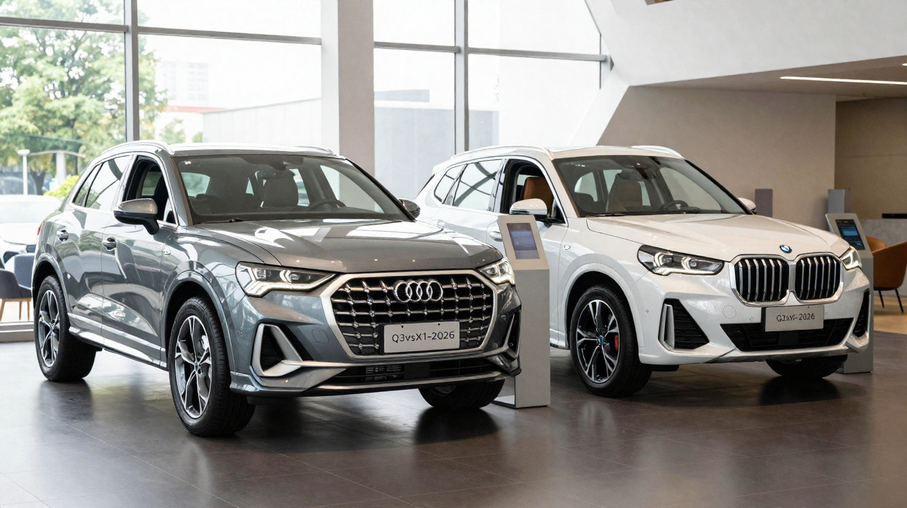 Audi Q3 cinza e BMW X1 branca estacionados lado a lado em showroom moderno e iluminado.