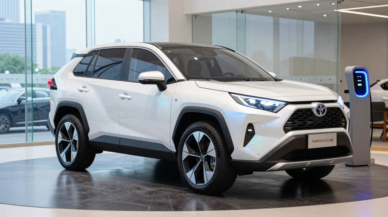 SUV branco da Toyota modelo Future em exposição dentro de loja, com carregador elétrico ao lado.