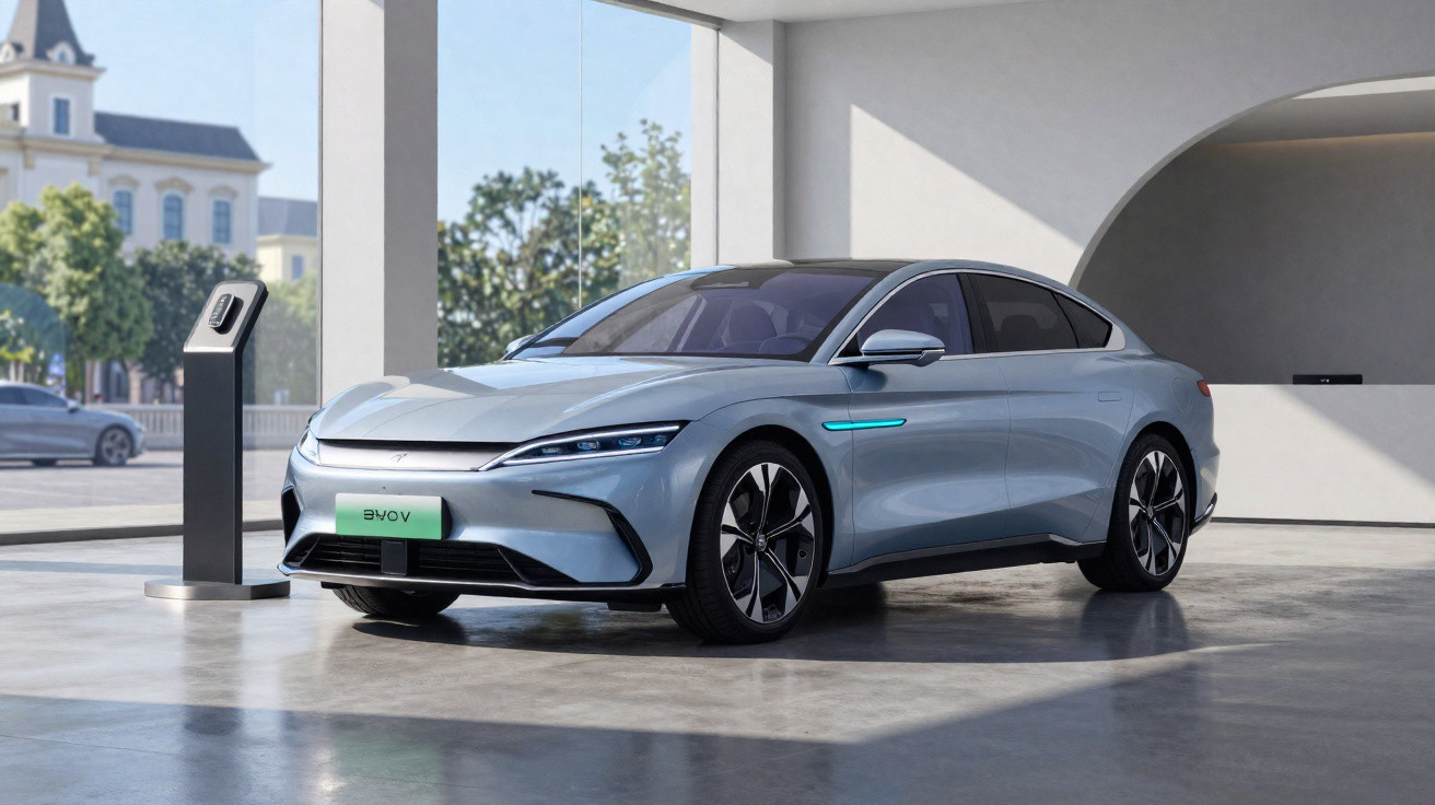 Carro elétrico cinza estacionado em garagem moderna com estação de recarga ao lado.