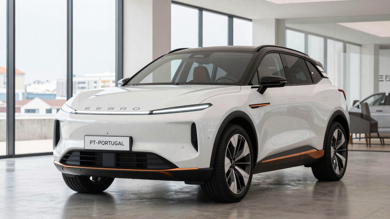 Carro elétrico branco moderno estacionado em showroom com acabamento em preto e detalhes em laranja.