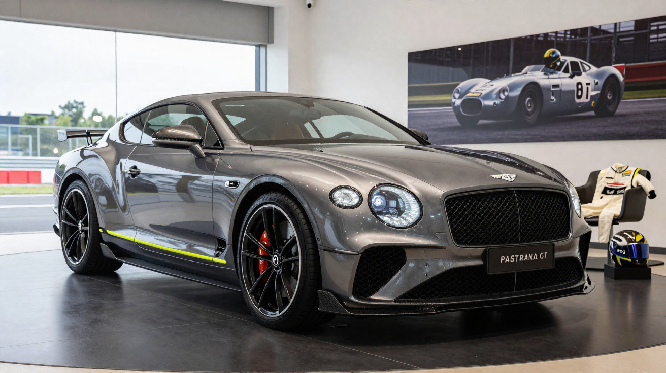 Carro esportivo Bentley cinza metálico em exposição com rodas pretas e detalhes amarelos.
