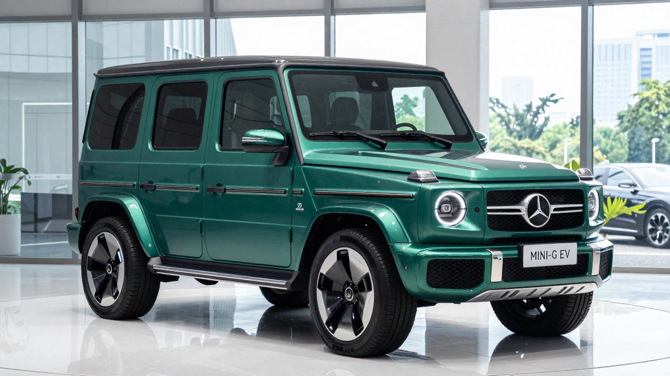 Carro elétrico Mercedes-Benz SUV verde modelo MINI-G EV em showroom moderno com piso branco.