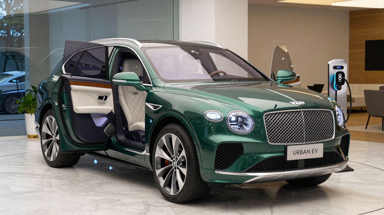 Carro elétrico verde Bentley Urban EV com portas abertas carregando em estação dentro de showroom.