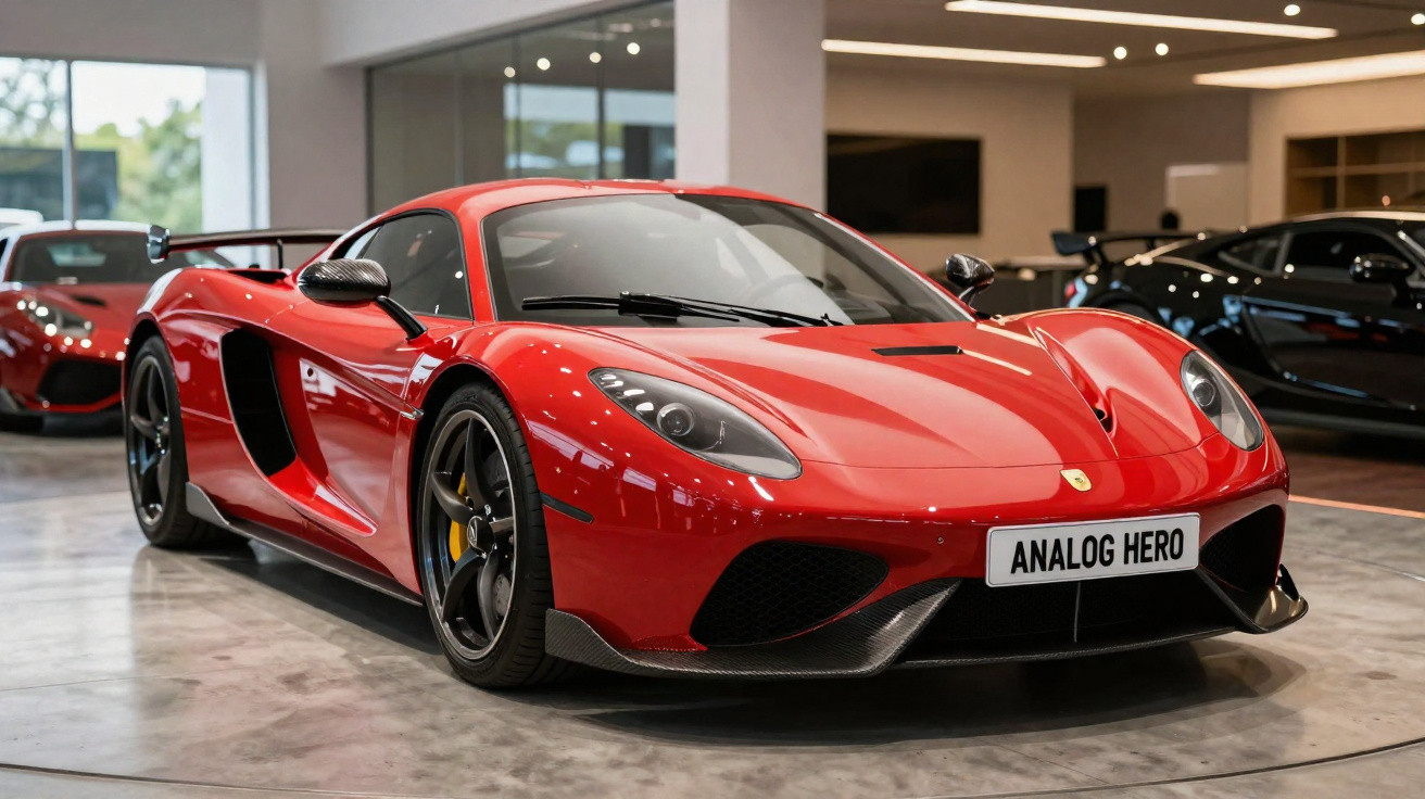 Carro esportivo vermelho estacionado em showroom com rodas pretas e detalhes em fibra de carbono.