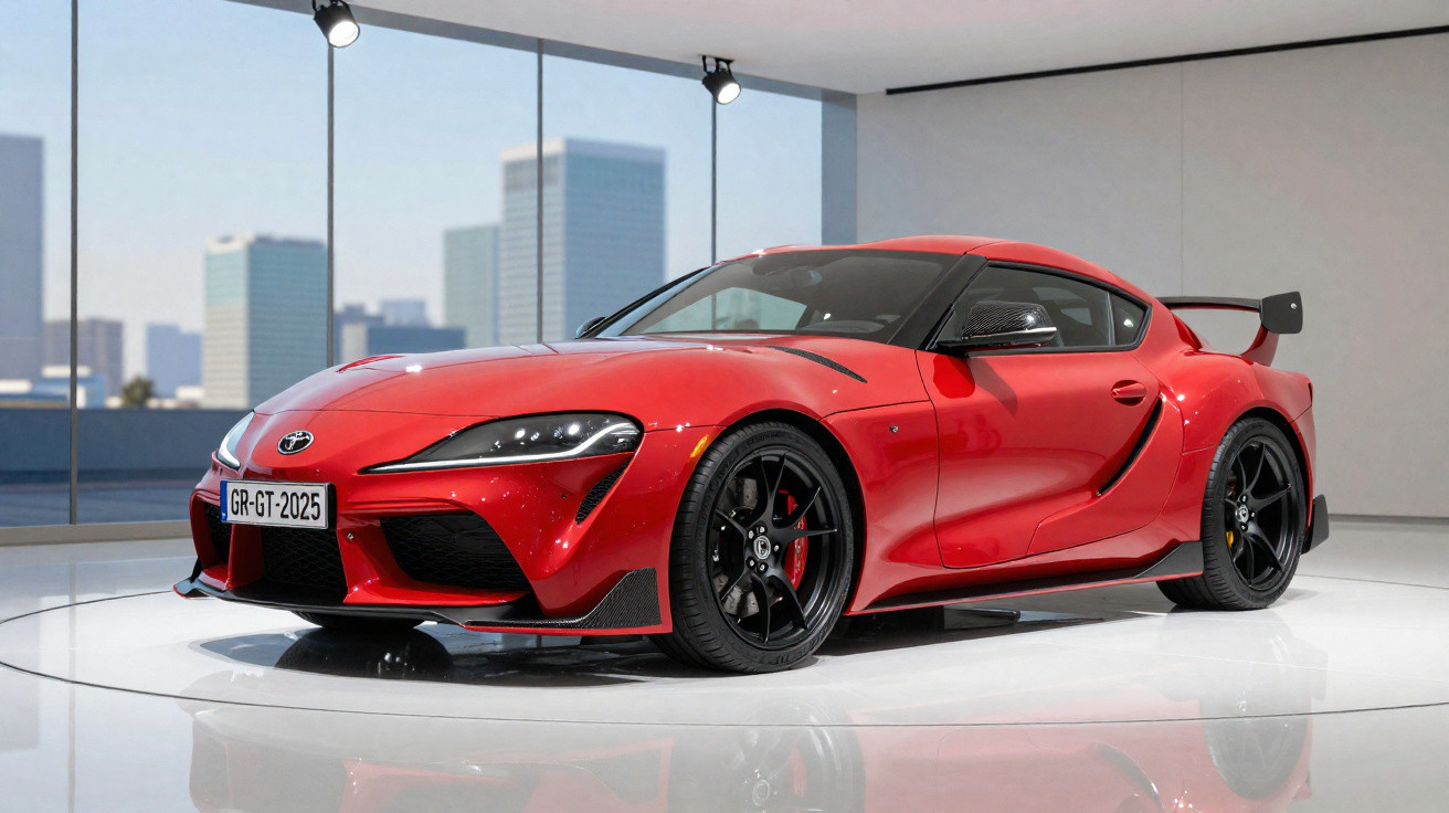Carro esportivo vermelho Toyota Supra em exposição em ambiente interno moderno com janelas grandes.
