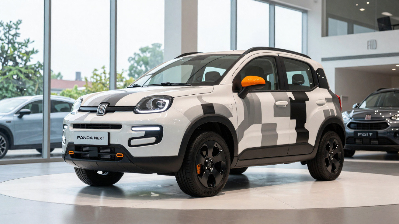 Carro branco com detalhes pretos e laranja, modelo Fiat Panda Next, em exposição dentro de showroom moderno.
