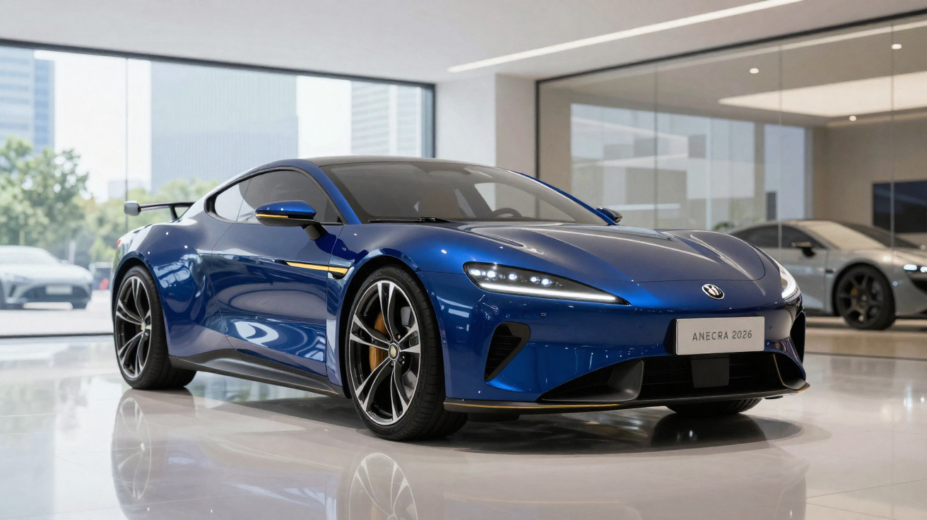 Carro esportivo azul metálico com design aerodinâmico exposto em showroom moderno.