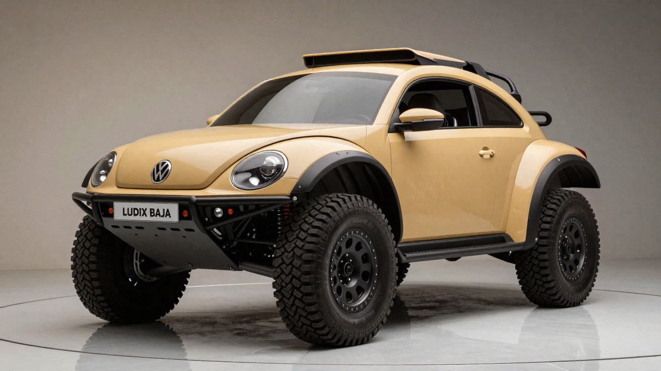 Carro Volkswagen Fusca modificado para off-road com pneus grandes e cor bege.