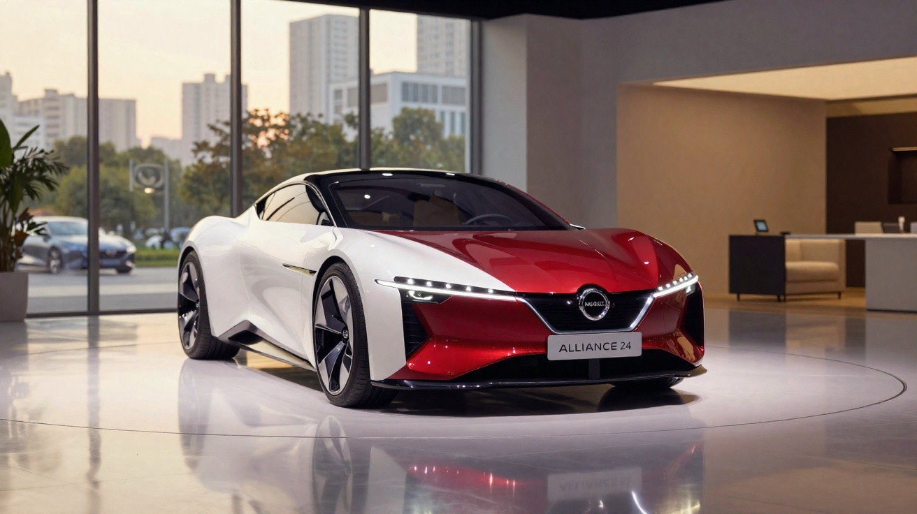 Carro esportivo conceito Nissan Alliance 24 vermelho e branco em exposição interna com fundo urbano.