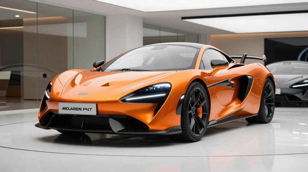 Carro esportivo McLaren P1 na cor laranja exposto em ambiente interno moderno e elegante.