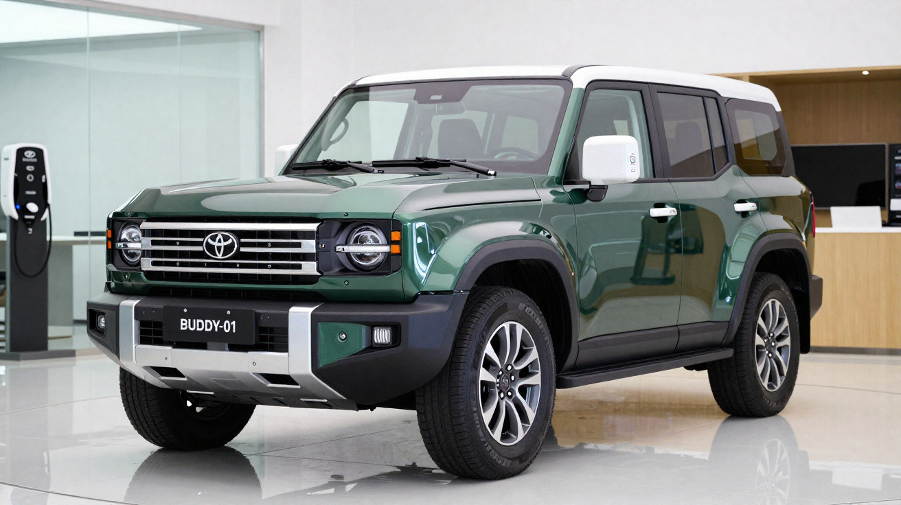SUV verde com teto branco estacionado em showroom branco, modelo Buddy-01 da Toyota.