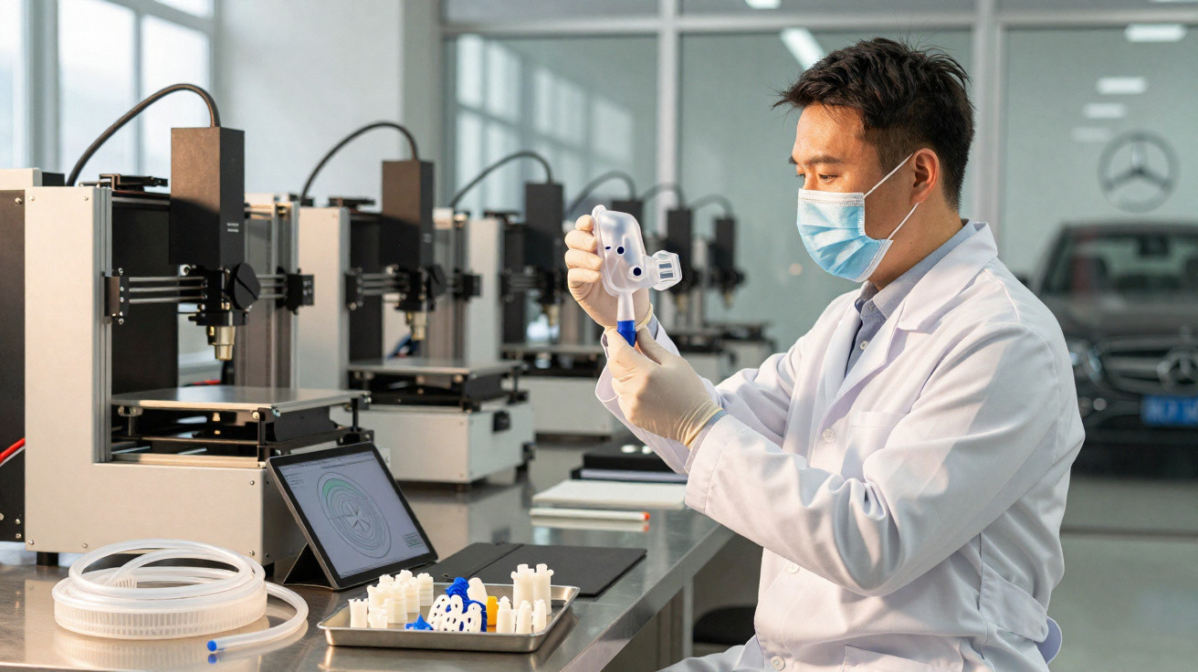 Pesquisador com máscara e jaleco analisa peça produzida por impressora 3D em laboratório moderno.