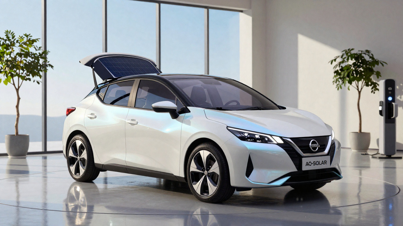 Carro elétrico branco com painel solar aberto no teto, em ambiente interno moderno com árvores em vasos.