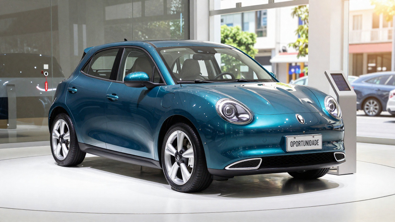 Carro elétrico compacto azul em exibição dentro de showroom moderno com placa escrita "Oportunidade".