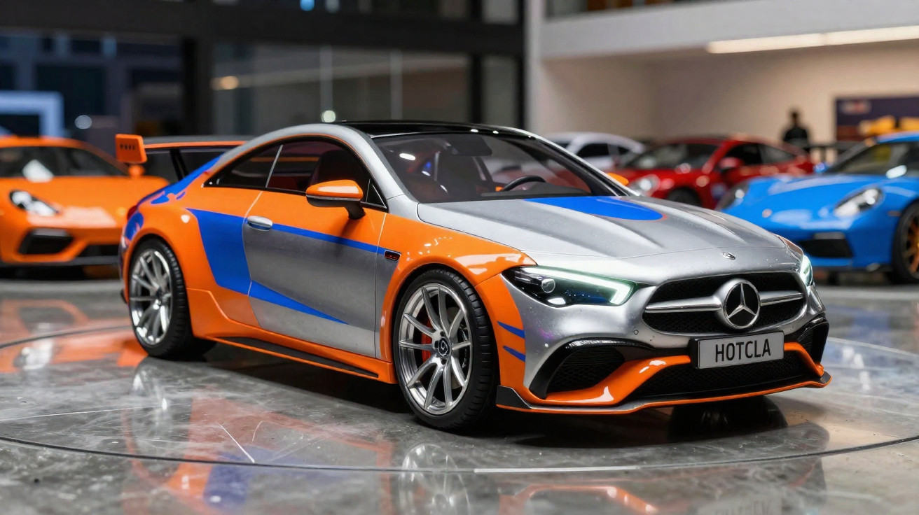 Carro esportivo Mercedes-Benz prateado e laranja com detalhes azuis em exposição em ambiente interno.