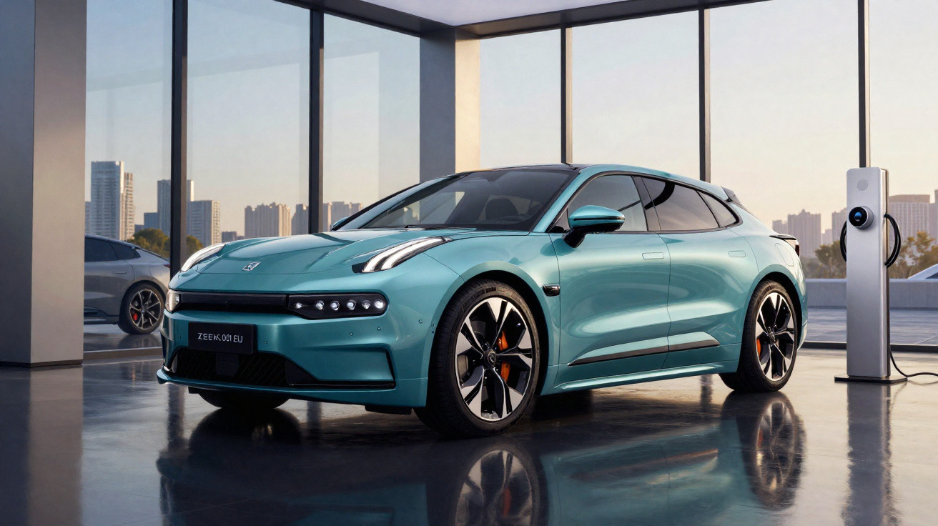 Carro elétrico azul claro estacionado em garagem moderna com estação de recarga ao lado.