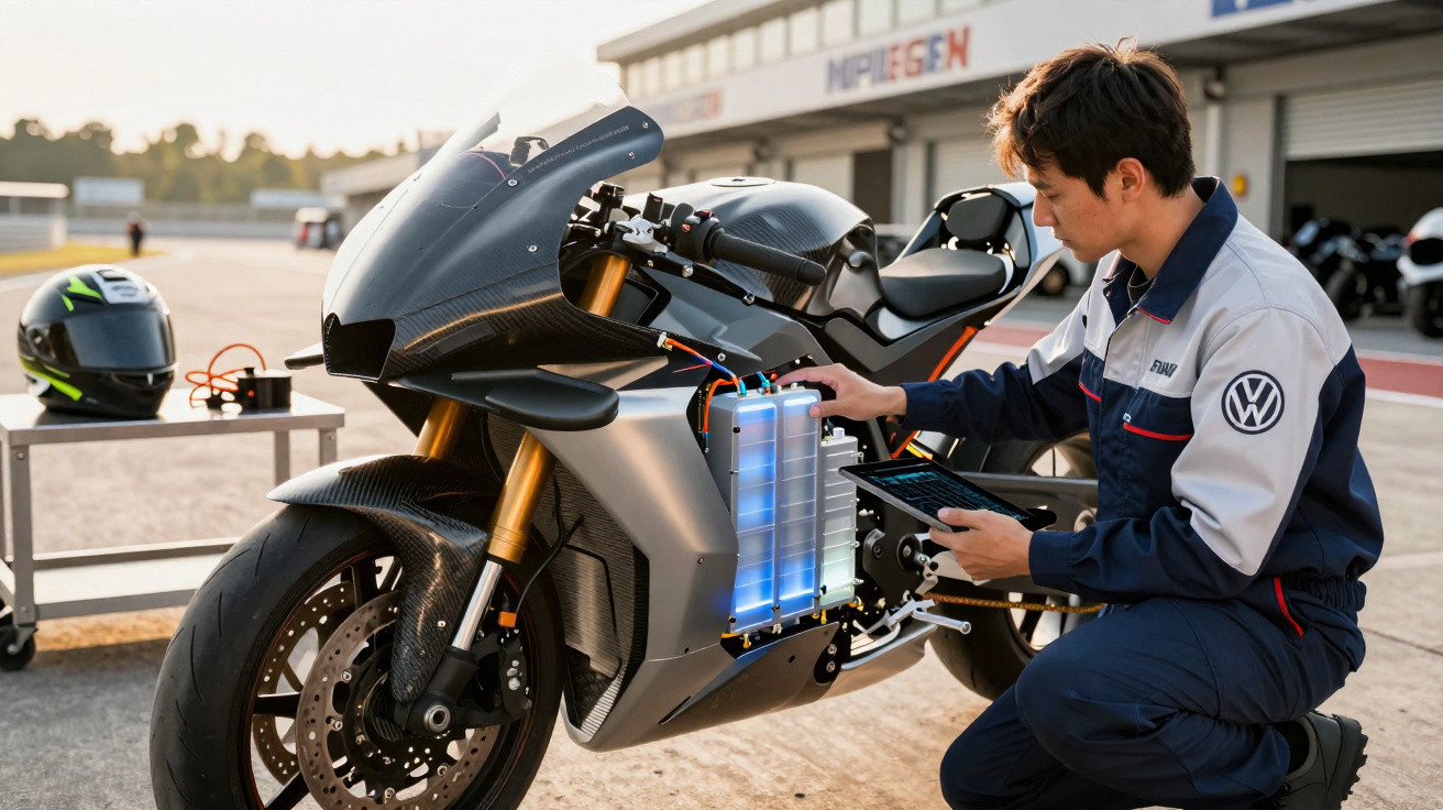 Homem ajusta bateria azul de motocicleta elétrica em área externa com capacete ao fundo.