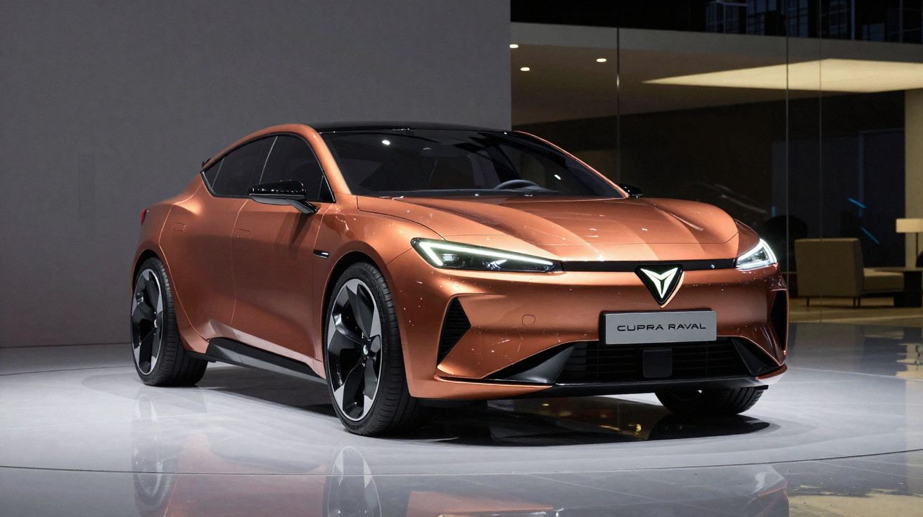 Carro elétrico cupra raval laranja metalizado em exposição com design moderno e aerodinâmico.