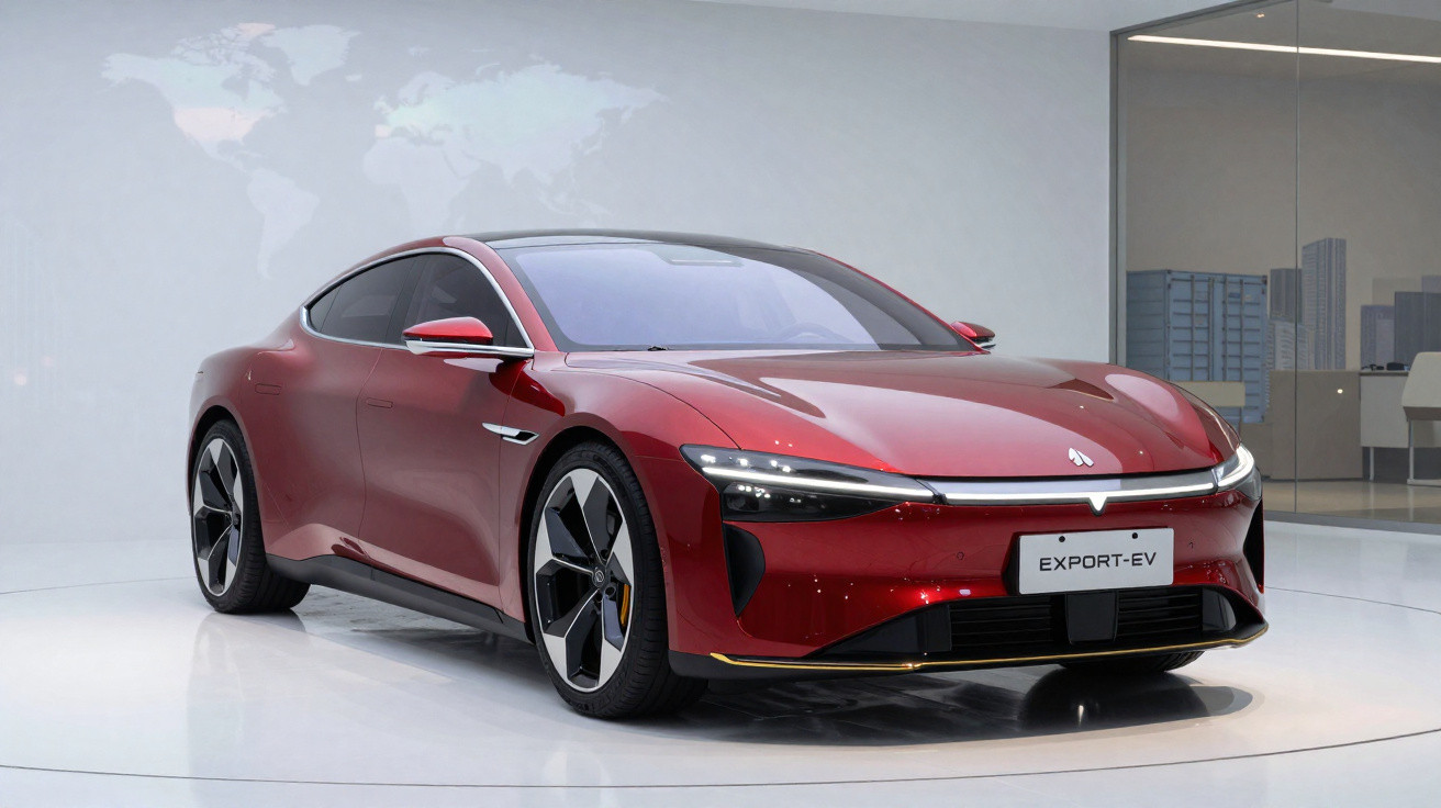 Carro elétrico esportivo vermelho brilhante em exposição, modelo Export-EV em ambiente moderno e claro.