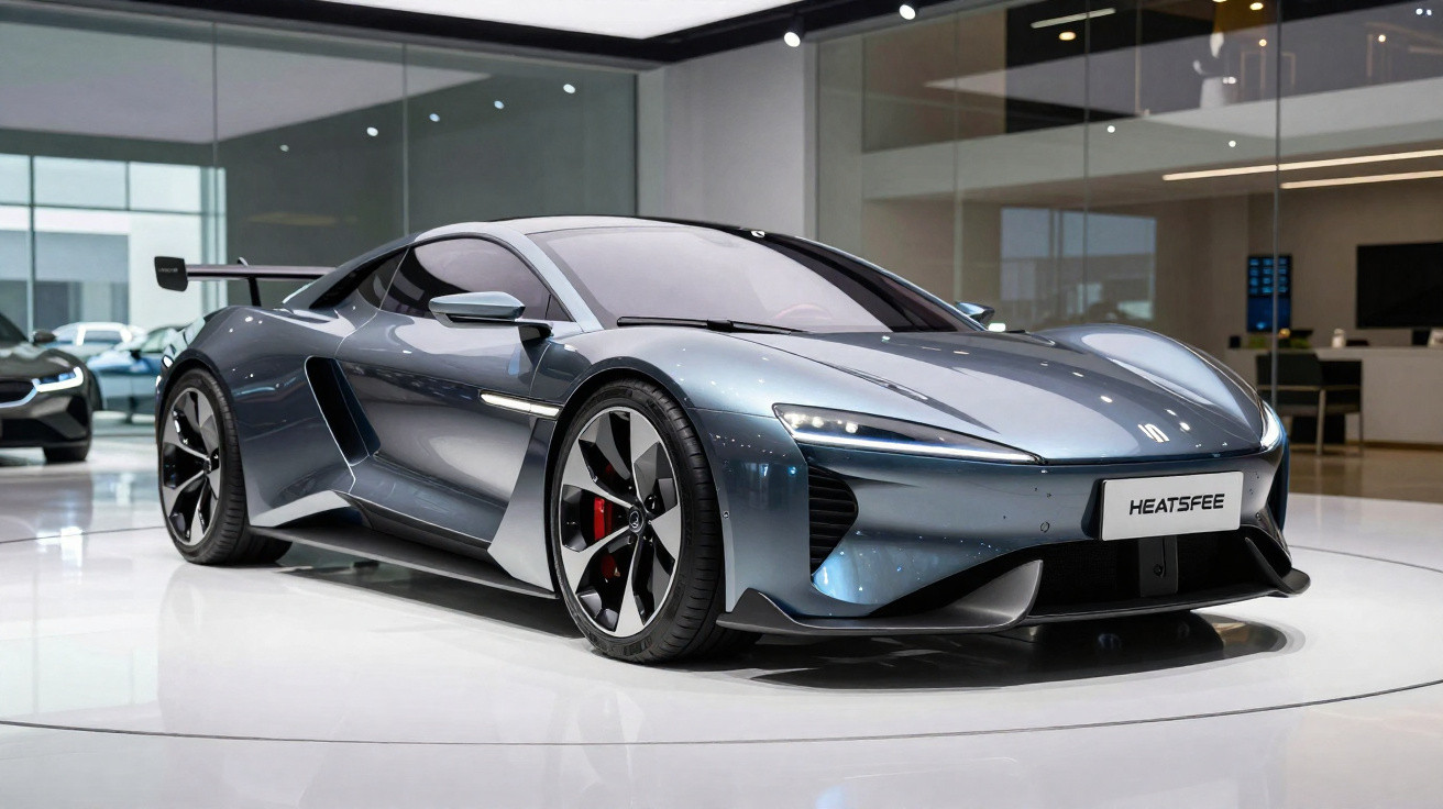 Carro esportivo elétrico cinza escuro com design futurista, em ambiente interno moderno.
