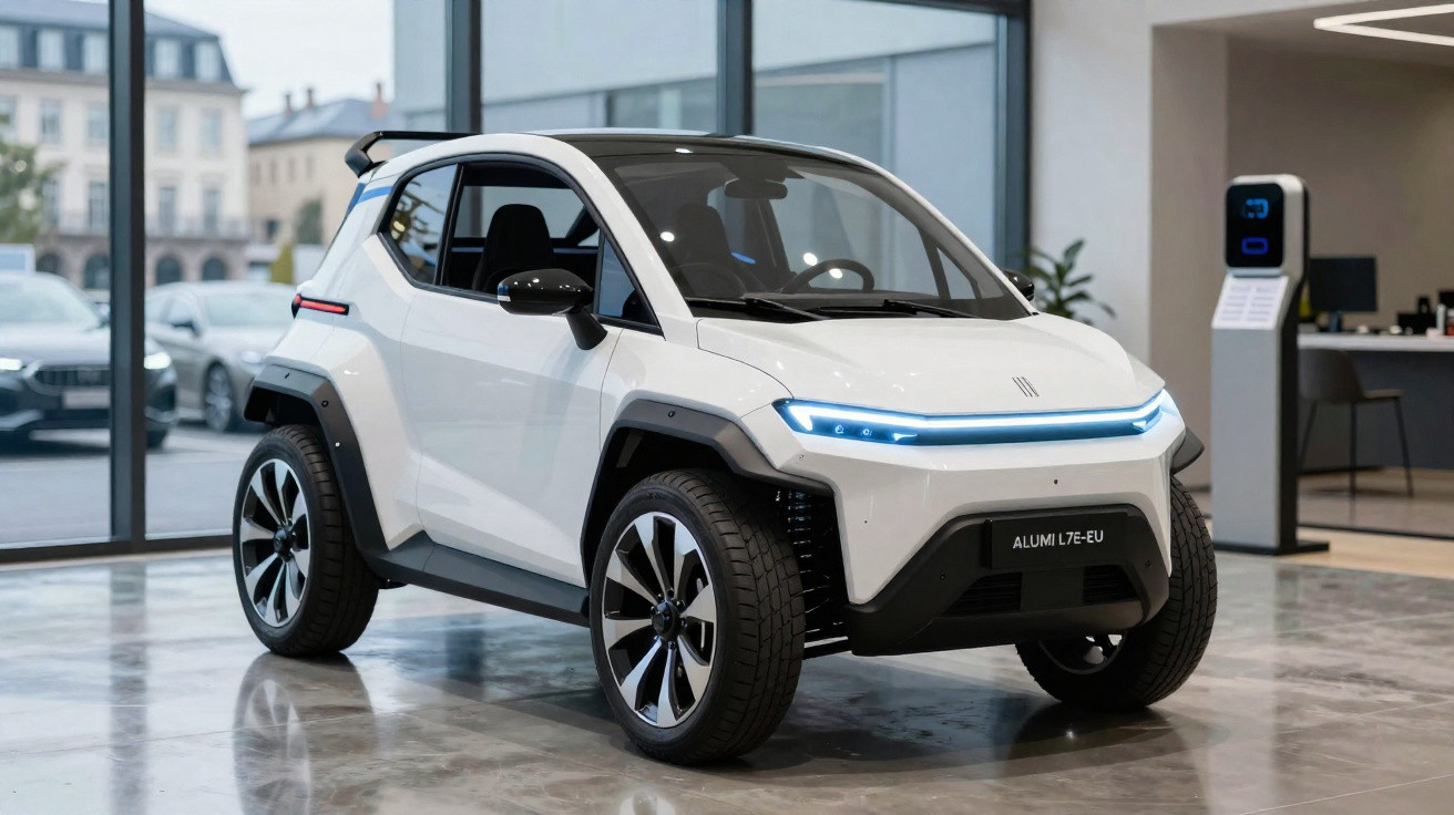 Carro elétrico compacto branco com design moderno em ambiente interno, próximo a estação de recarga.