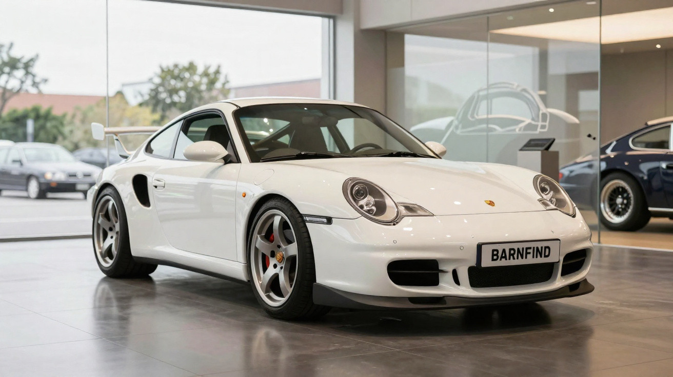 Carro esportivo Porsche branco estacionado em piso interno de showroom moderno e iluminado.