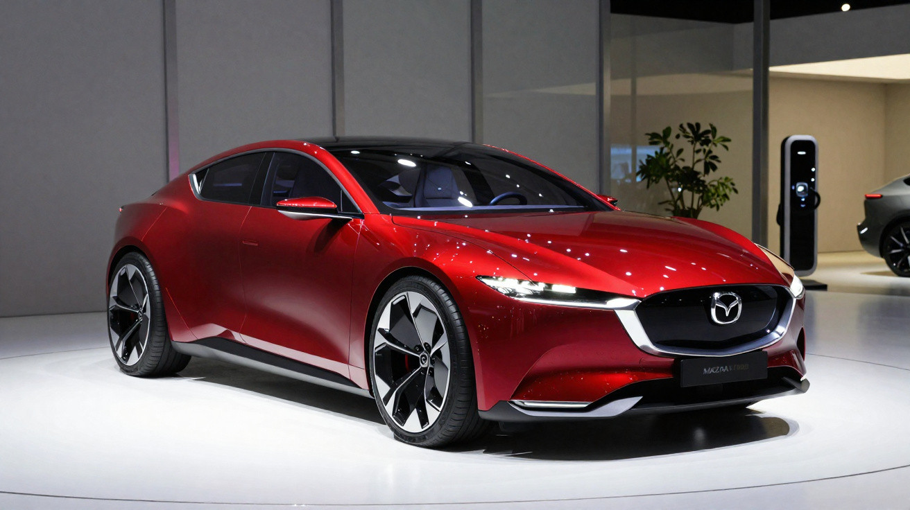 Carro esportivo elétrico Mazda Vision em vermelho exposto em ambiente moderno e iluminado.
