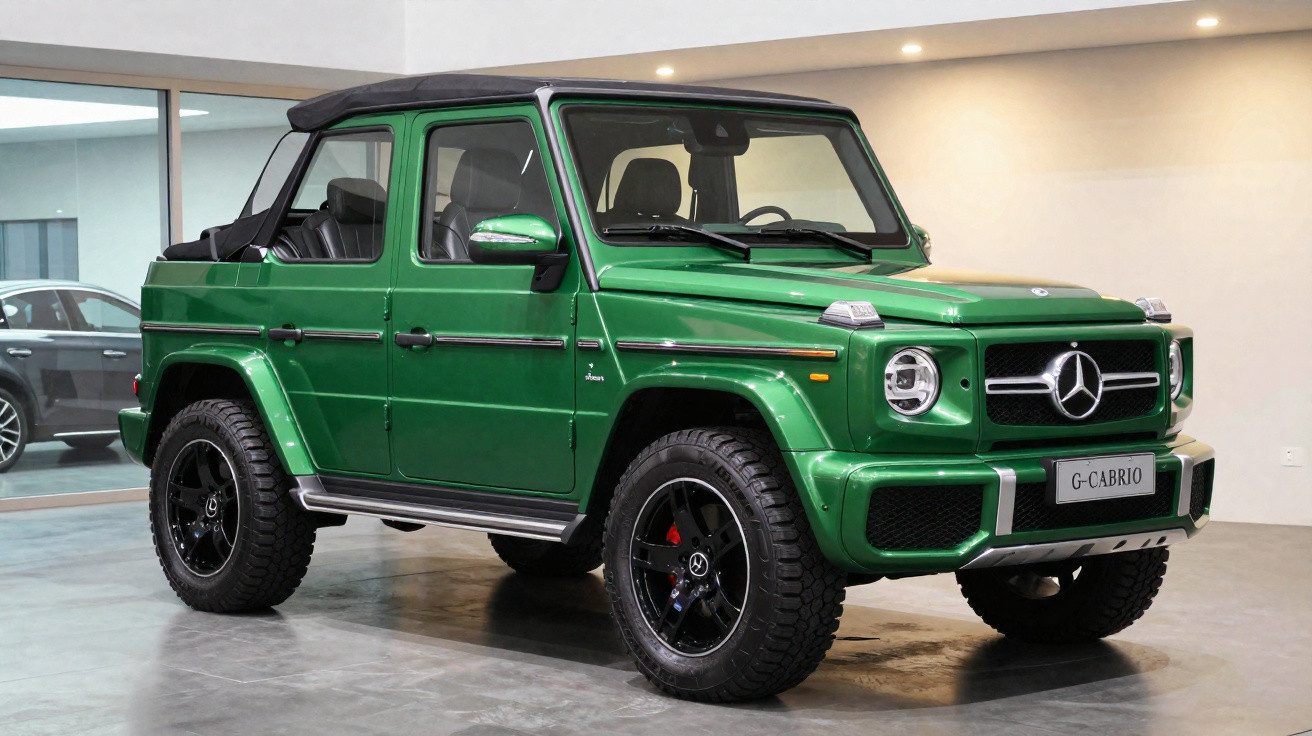 Carro SUV Mercedes-Benz G Cabrio verde com teto conversível preto, em ambiente interno iluminado.