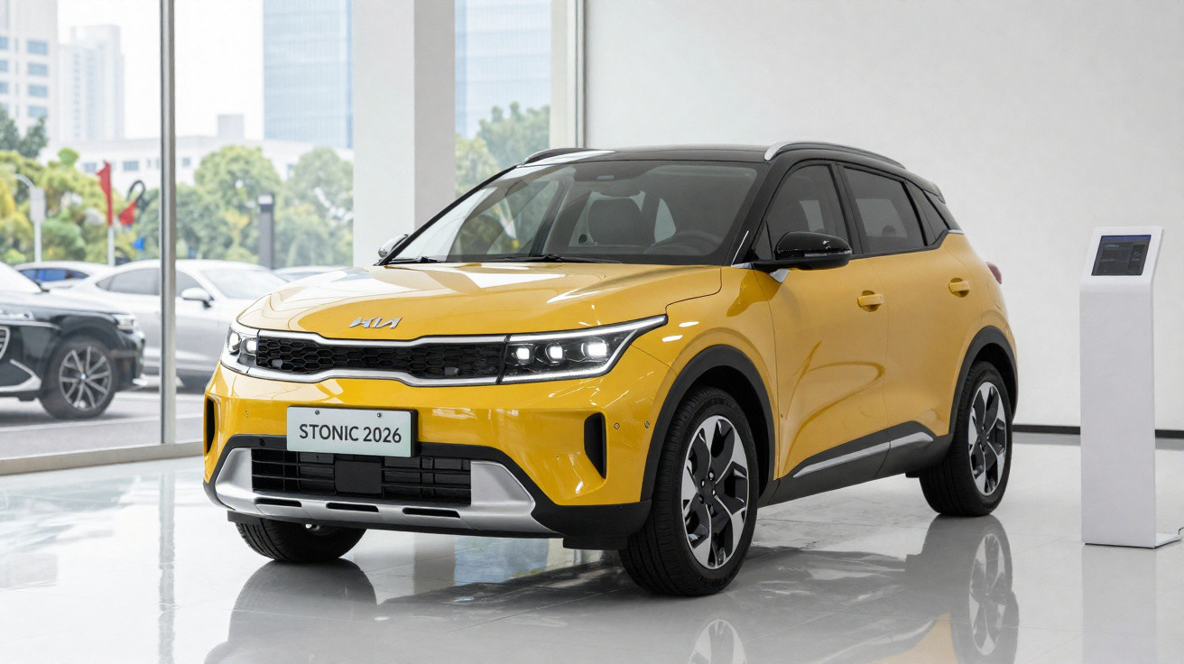 SUV Kia Stonic 2026 amarelo com teto preto em exposição interna de showroom moderno.